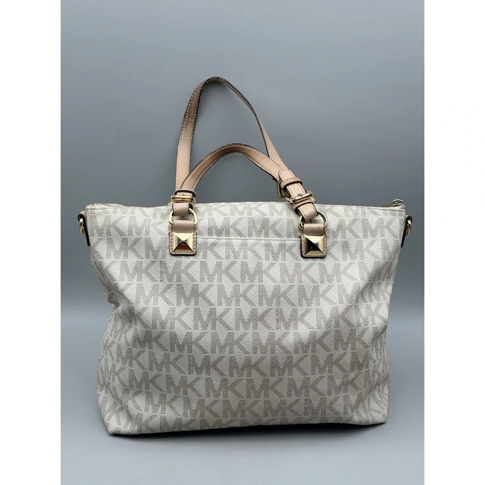 Michael Kors Large Signature MK Logo Satchel Bag Vanilla Blush Authenticated